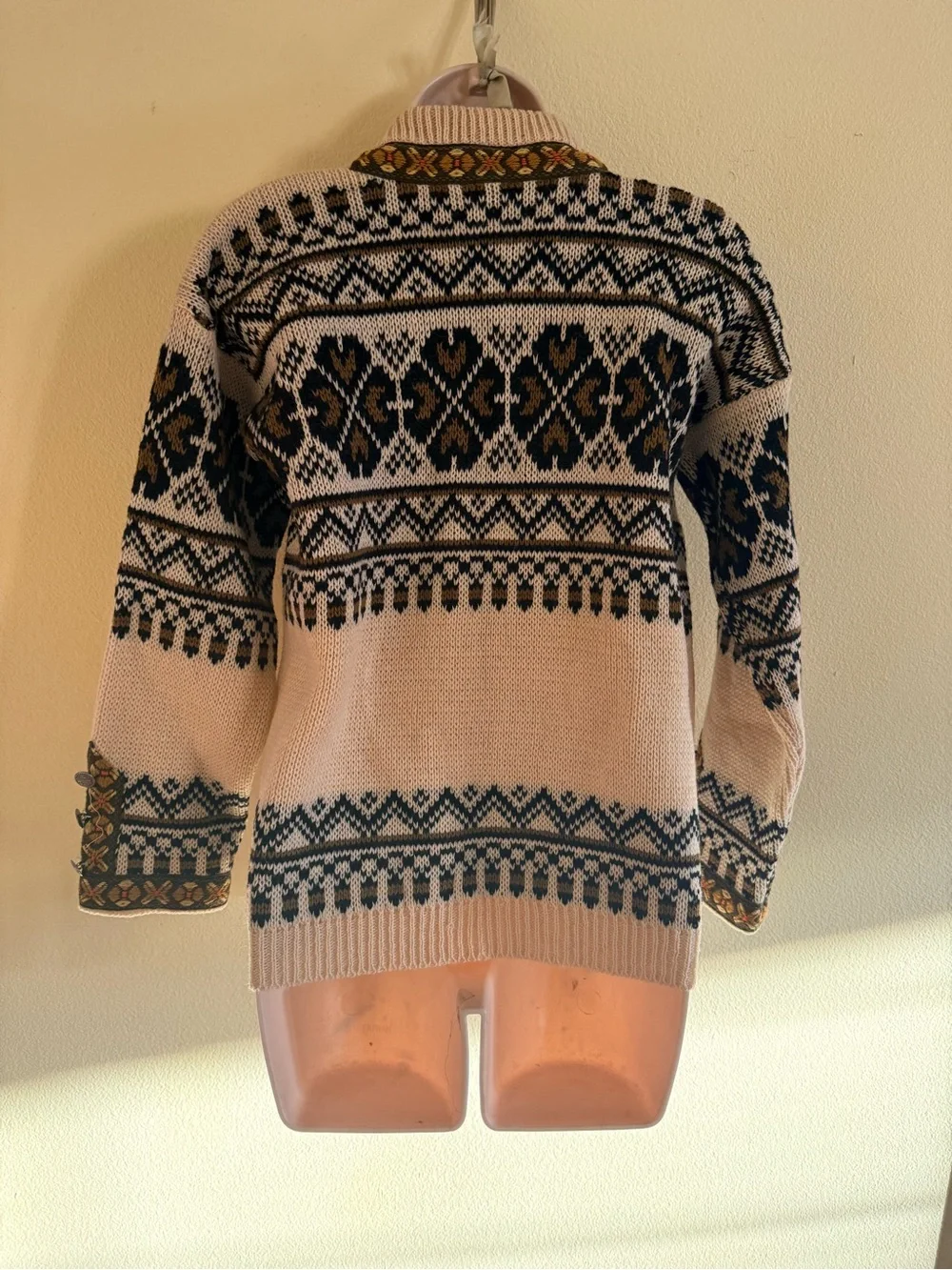 Game Cream Nordic-Patterned Wool Cardigan with Yellow Trim metal buttons
